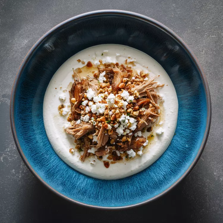 Agneau effiloché à la marocaine sur purée de haricots blancs, crumble de feta et noix de pin