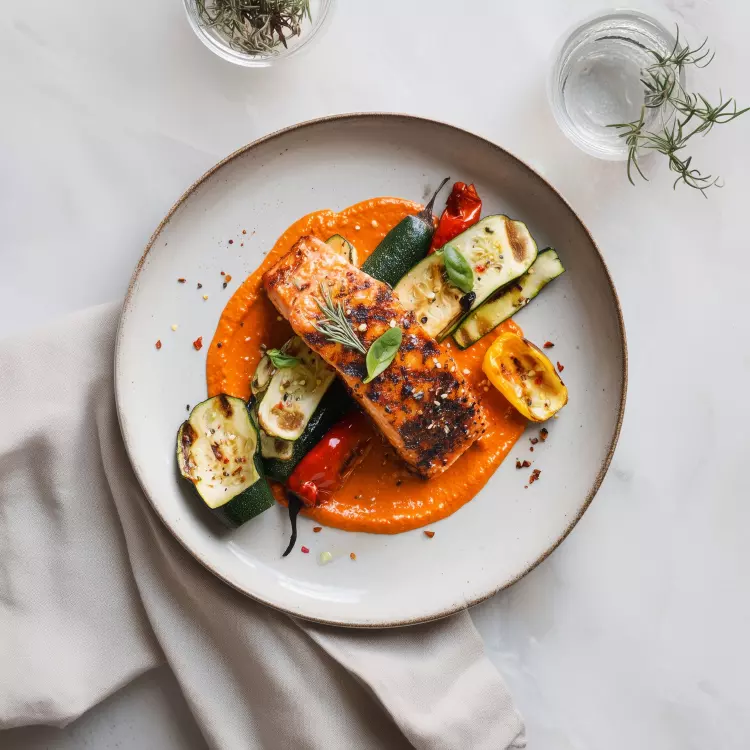 Kit sur plaque - 2 pavés de saumon à la méditerranéenne, légumes, kalamata, sauce romesco