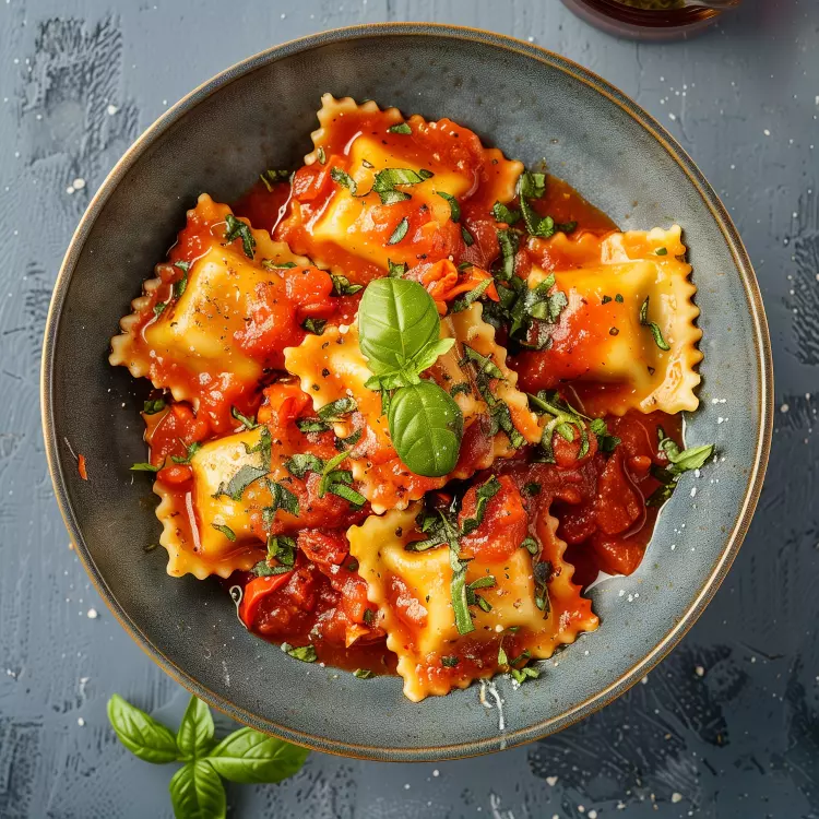 12 raviolis aux artichauts, concassé de tomates, câpres et noix de pin