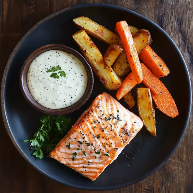 2 petits pavés de saumon érable Dijon, sauce tartare, frites de légumes racines