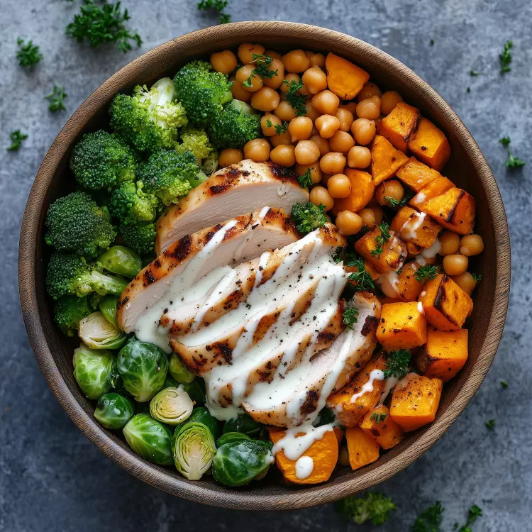 Salade-repas de 2 poitrines de poulet, légumes rôtis, vinaigrette à l'ail confit