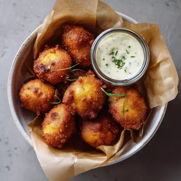 6 beignets de maïs au halloumi, crème sûre au basilic