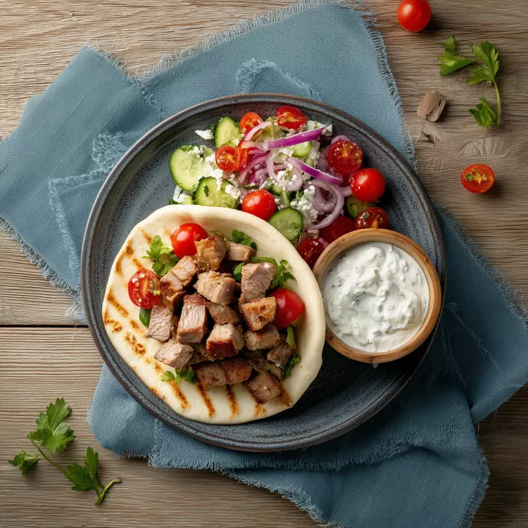 4 gyros de cubes de filet de porc, légumes croquants et feta