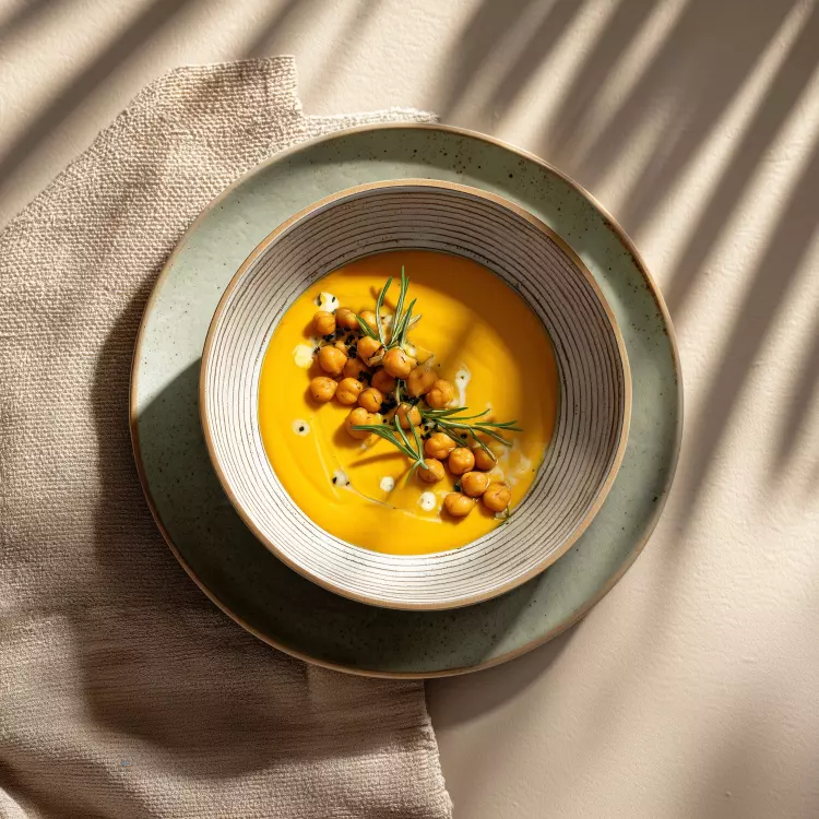 Soupe veloutée de patates douces et pois chiches à la grecque