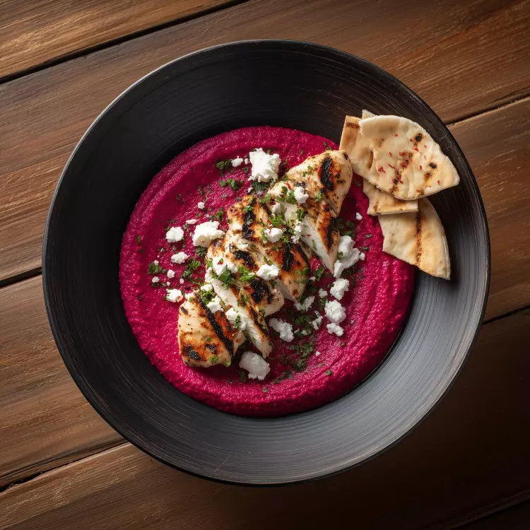 Assiette shish taouk de poulet grillé, purée de betteraves, crumble de feta