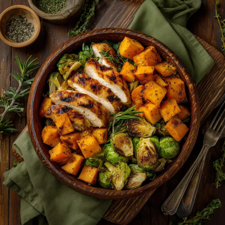Salade-repas de 2 poitrines de poulet, légumes rôtis, vinaigrette à l'ail confit