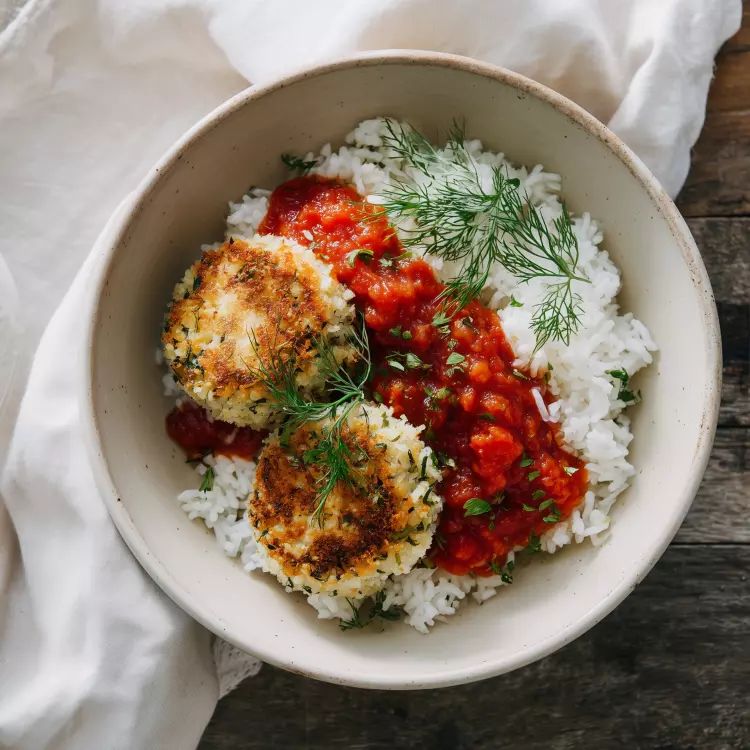 Croquettes de haricots blancs, riz jasmin et sauce tomate a l'indienne