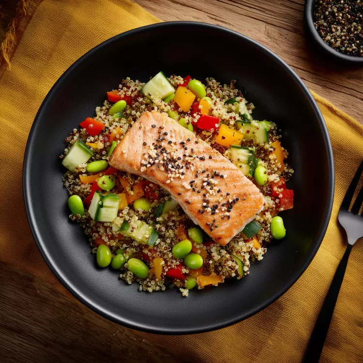 Salade de quinoa à la truite laquée et légumes croquants, vinaigrette au gingembre (1 litre)