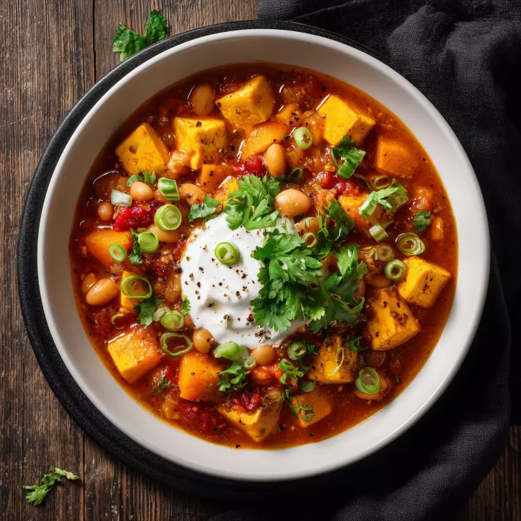 Chili de tofu à la courge et haricots blancs, crème sûre à la lime, chips de tortilla