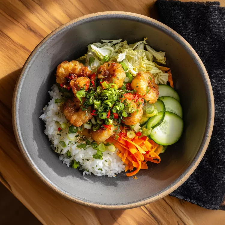 Poké bol de crevettes de Matane pop corn, riz à sushi, légumes, mayo épicée à la mangue