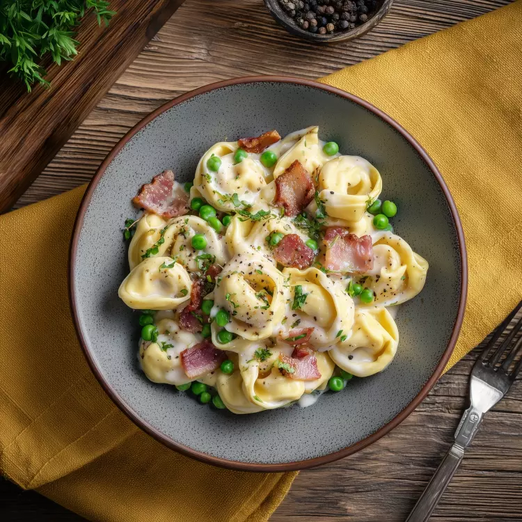 Tortellinis au fromage aux légumes verts, sauce crémeuse et bacon
