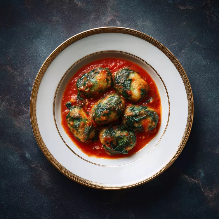 8 quenelles-gnudis de ricotta, parmigiano et épinards, coulis de tomates rôties