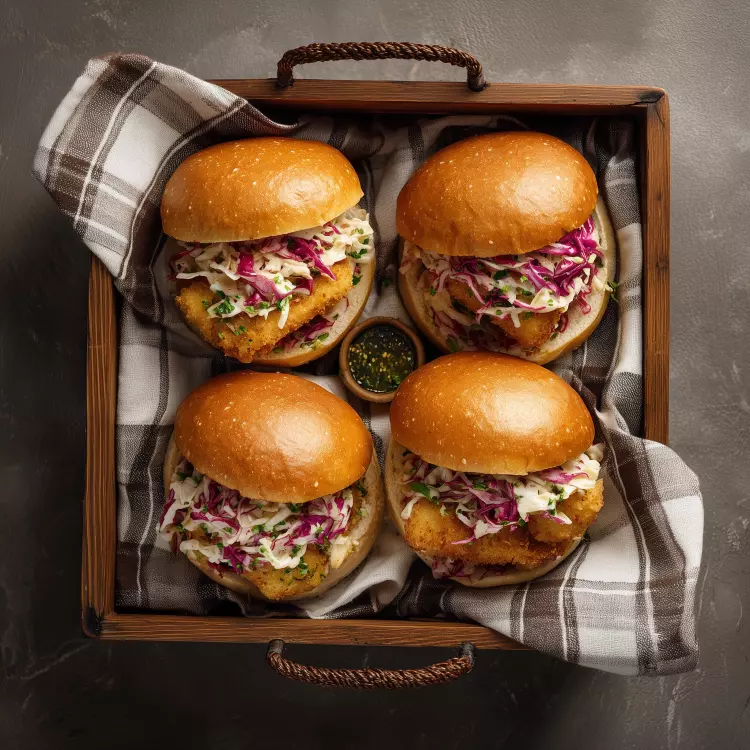 4 burgers de morue frits, relish de salicorne, salade de chou