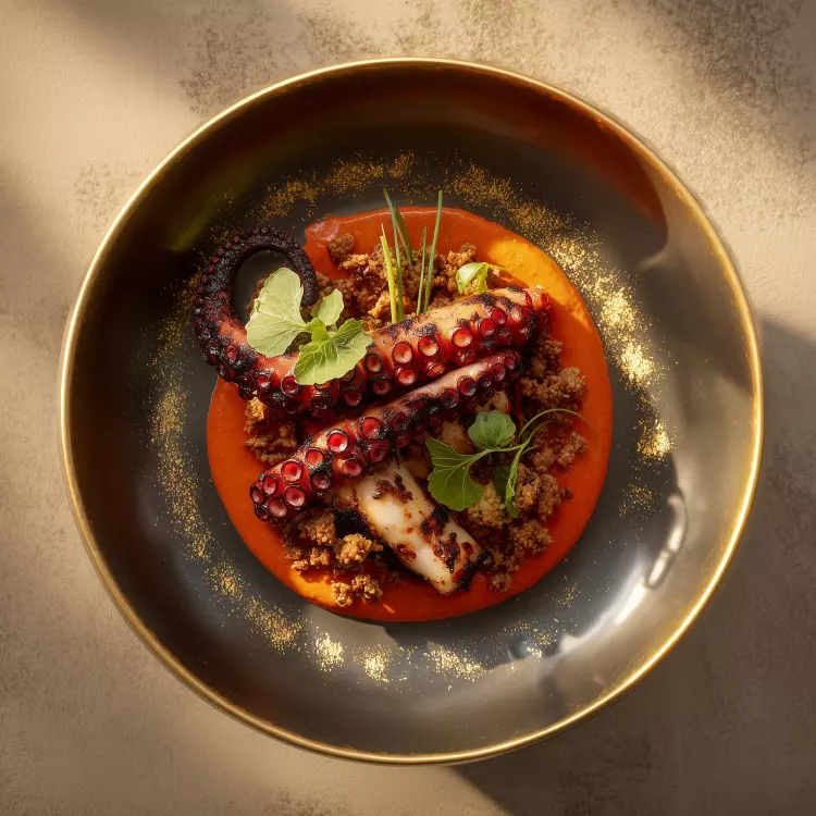 Pieuvre au vin rouge, chorizo doux, sauce romesco, citron grillé