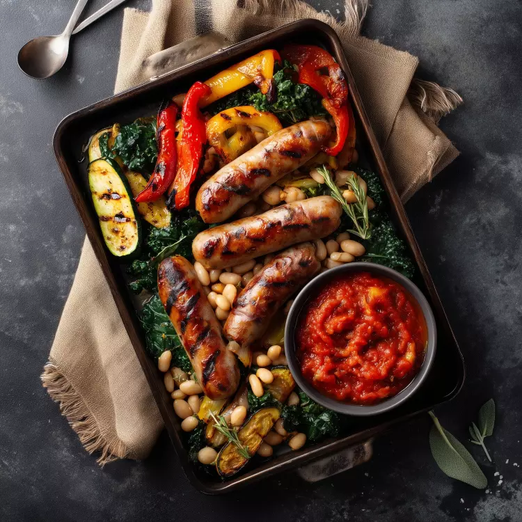 Kit sur plaque - 4 saucisses italiennes et légumes marinés, sauce aux tomates
