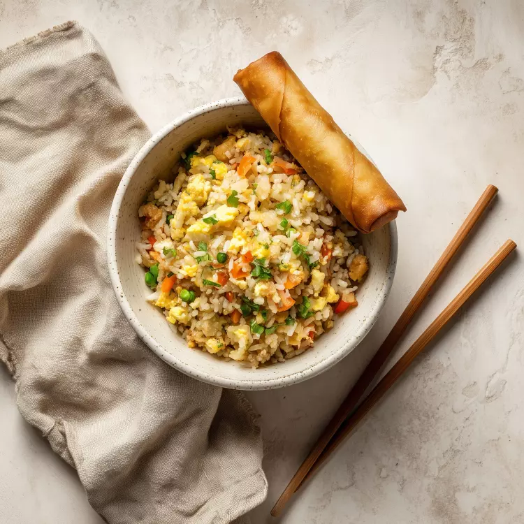Combo végé - Riz frit aux œufs et légumes, 4 rouleaux impériaux