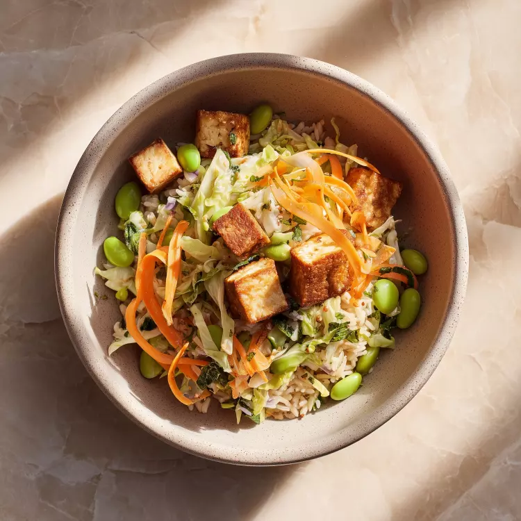 Salade asiatique de riz, tofu tempura et légumes, vinaigrette épicée (1 litre)