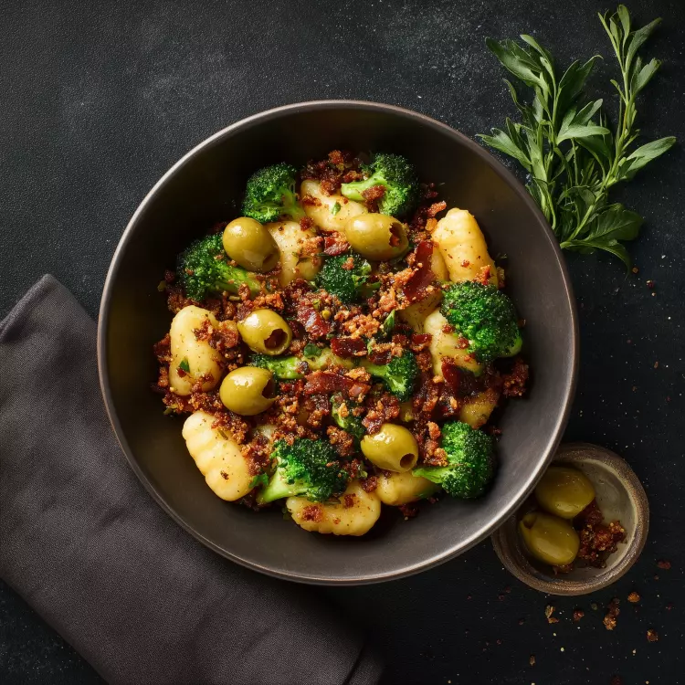 Salade de gnocchis, bacon, brocoli, olives vertes et cheddar de l'Île-aux-grues (750ml)