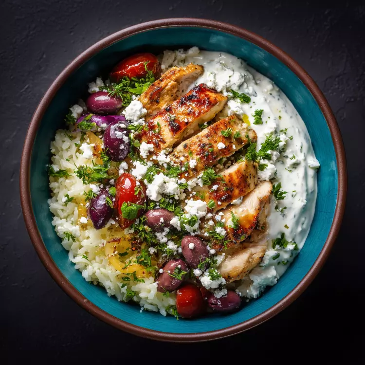 Bol grec de poulet mariné grillé, couscous citronné, feta, Kalamata, tzatziki
