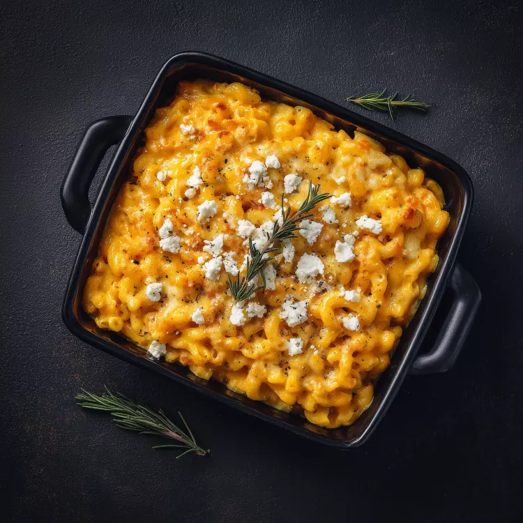 Mac n'cheese allégé à la courge et crumble de feta