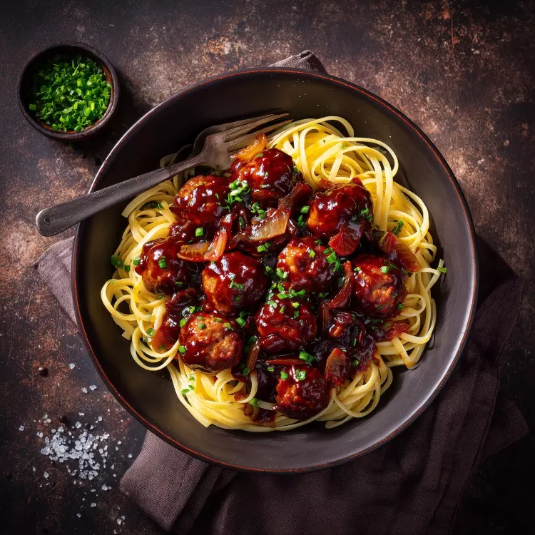 Boulettes de bœuf bourguignon, linguinis aux oeufs, légume vert
