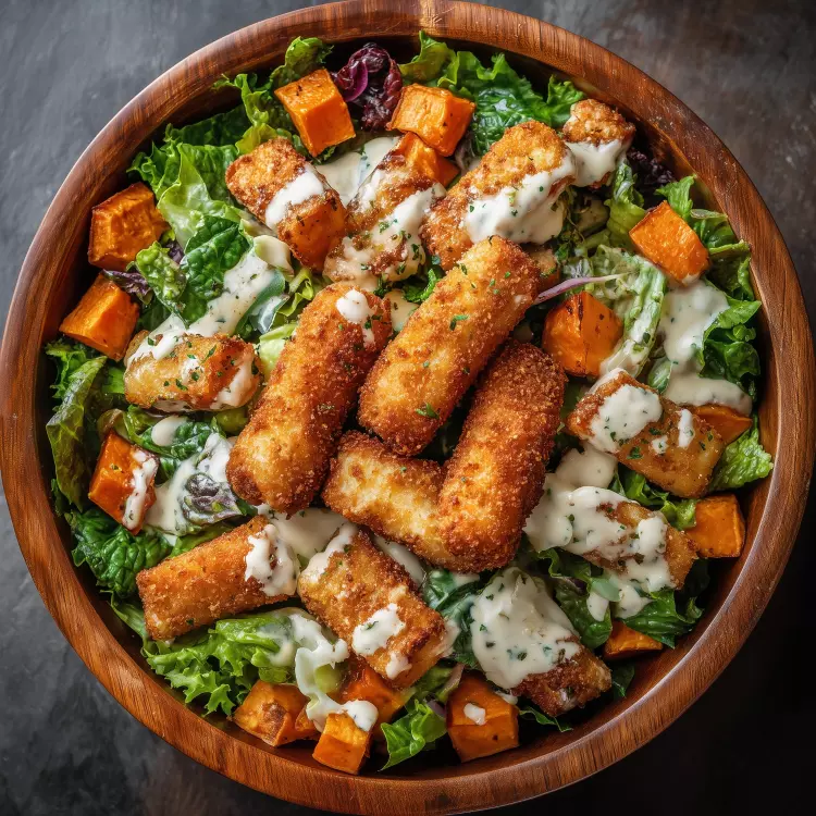 Salade-repas de bâtonnets de mozzarella, laitue, patates douces, Dijon et ciboulette