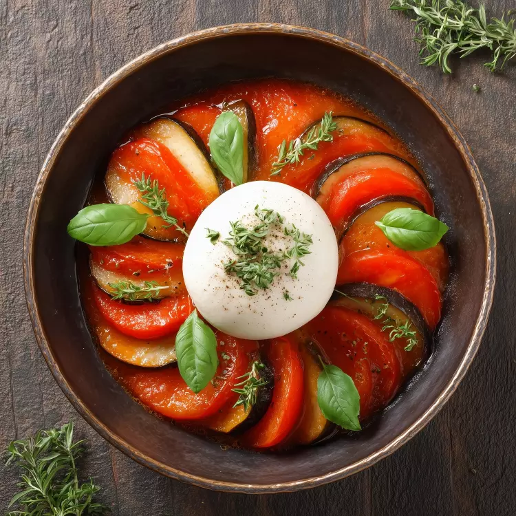 Tian de légumes sur sauce romesco, mozzarella Buffarella et huile d'ail rôti