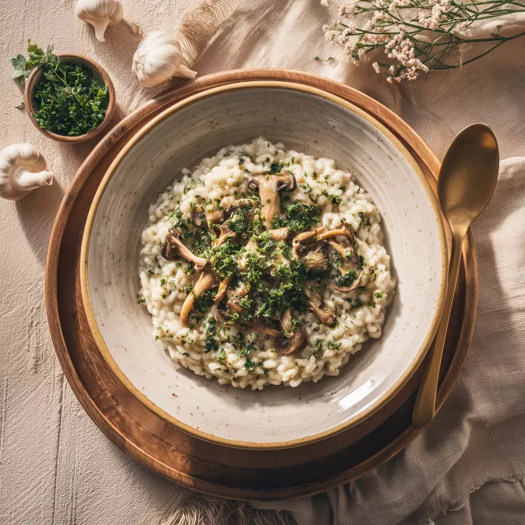 Risotto crémeux aux champignons et parmigiano, poêlée de pleurotes, gremolata