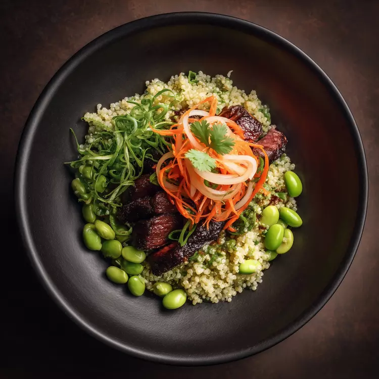 2 steaks de bœuf à la coréenne, salade de quinoa, pickle de légumes