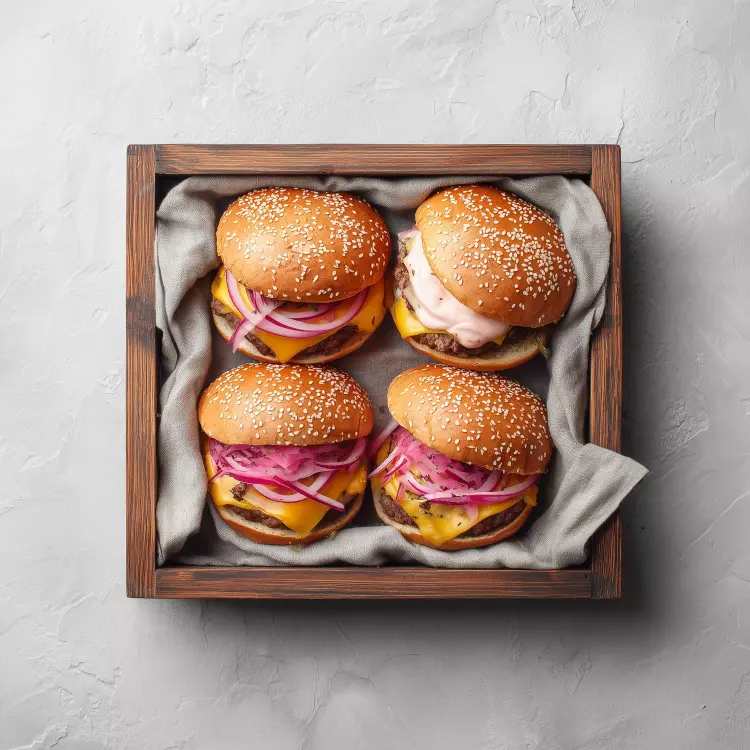 4 cheeseburgers de bœuf au cheddar orange, mayo aux cornichons, oignons marinés