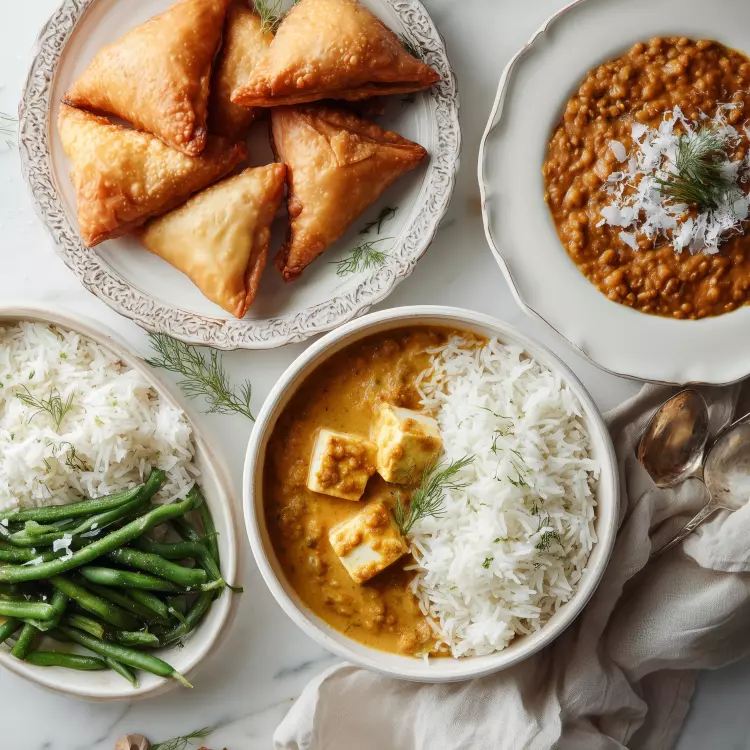 On se fait livrer de l'indien végé - Tofu au beurre, dahl, raïta, haricots verts coco, samoussas maison