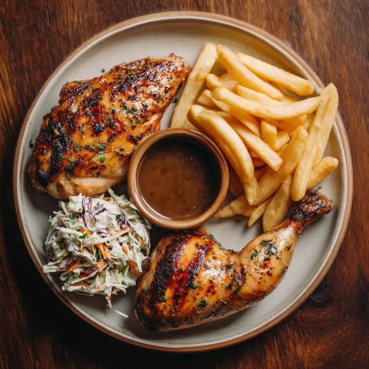 On se fait livrer un demi-poulet rôti, sauce brune, salade de chou, frites de pommes de terre