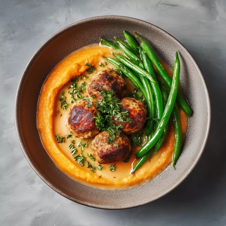 Polpettes de poulet, purée de carottes, haricots verts