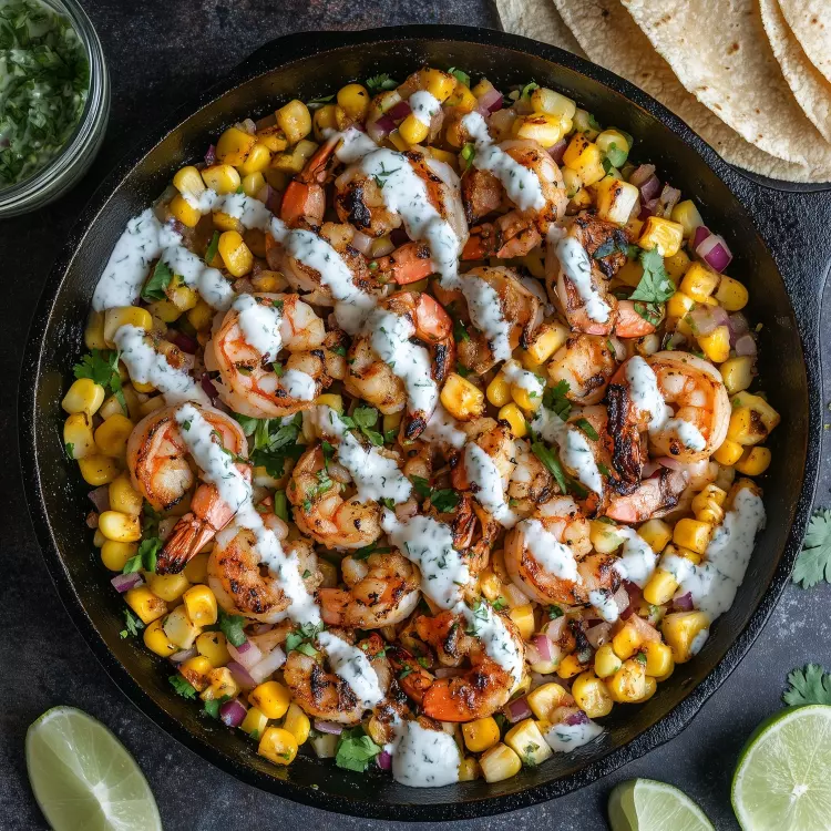 12 crevettes tigrées, chorizo doux, maïs, tomates, haricots noirs, guacamole, chips de maïs