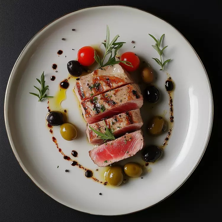 Tataki de thon rosé,  sauce niçoise aux câpres, Dijon et olives kalamata