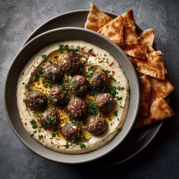 12 boulettes de bœuf aux courgettes, sauce au tahini, chips de pita
