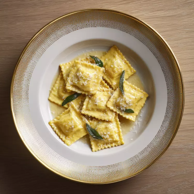 12 raviolis aux champignons, sauce au parmigiano