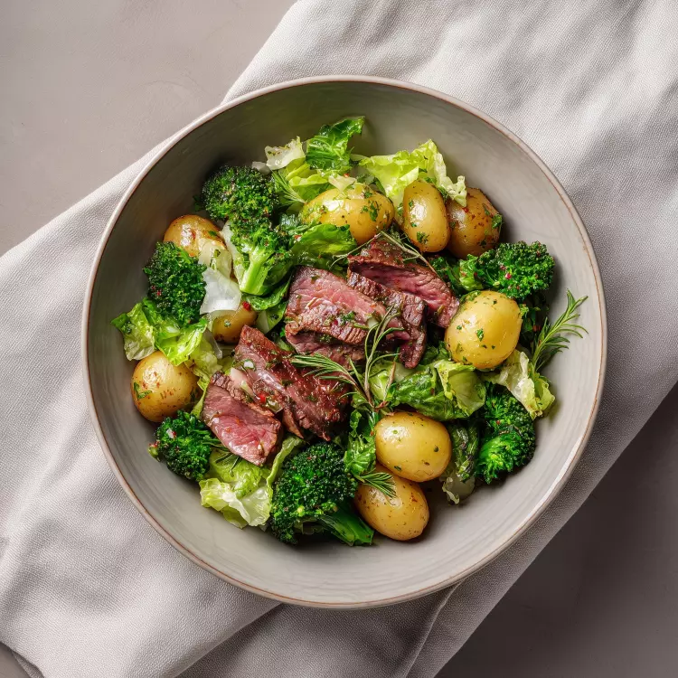 Salade-repas de rôti de bœuf, grelots, brocoli, vinaigrette au raifort