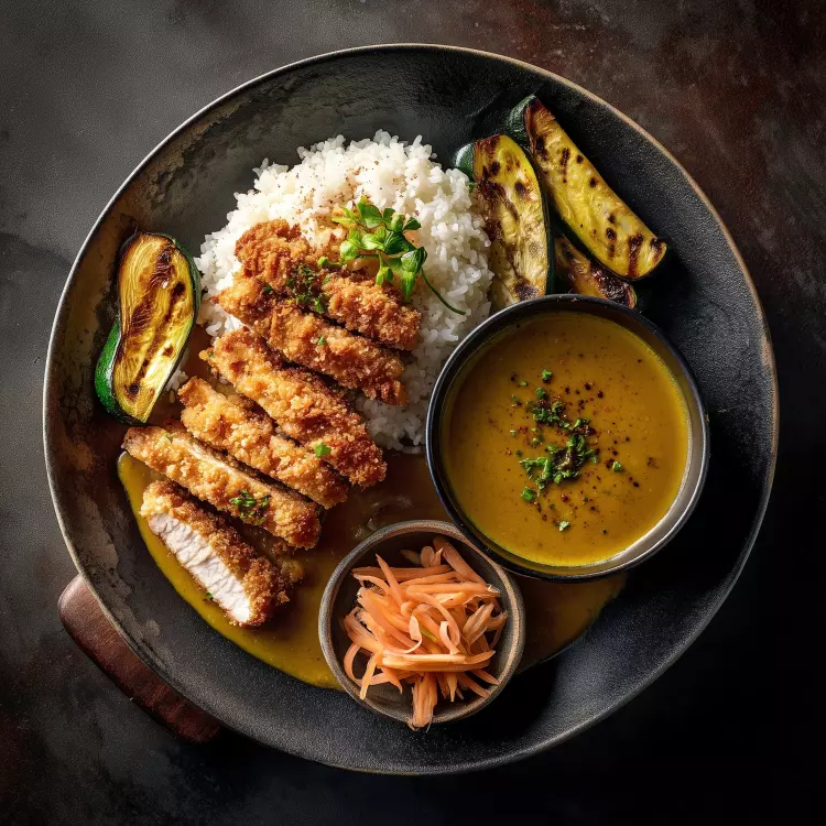 Escalopes de poulet katsu cari, riz à sushi et légumes marinés