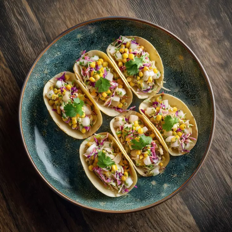 8 tacos de ceviche d'aiglefin d'Islande, maïs grillé, salade de chou à la coriandre