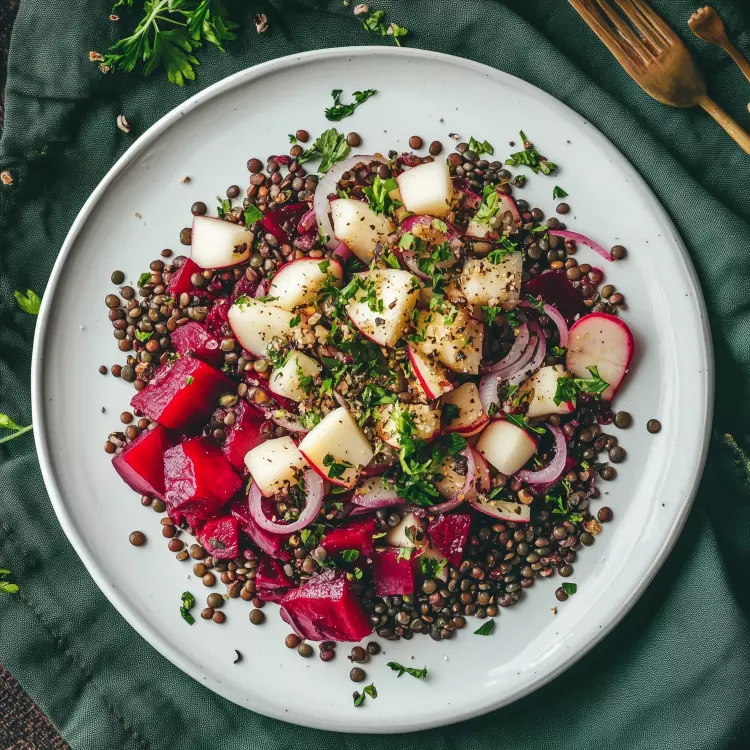Salade de lentilles, betteraves, pommes et chèvre (750ml)