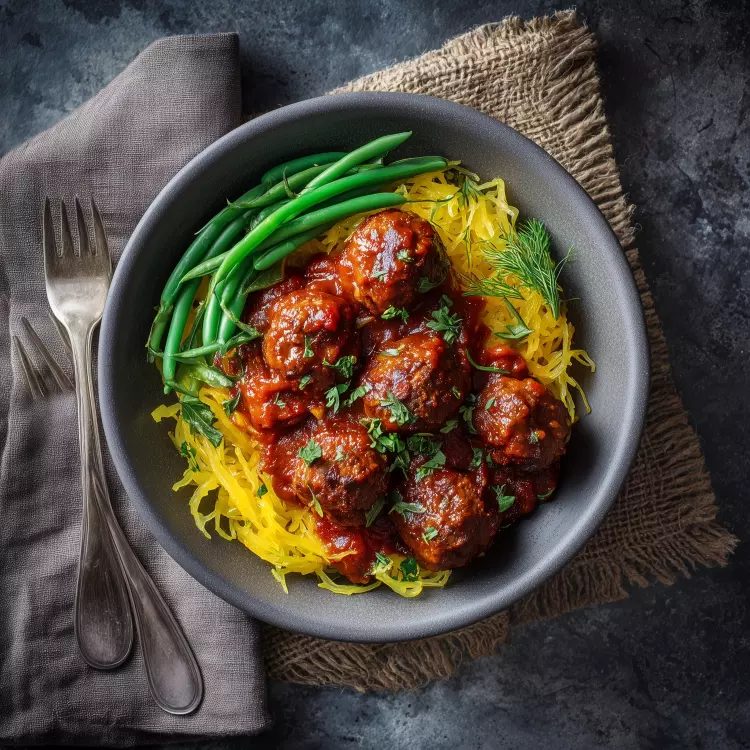 Mijoté de boulettes de boeuf aux tomates, basilic et bocconcinis, courge spaghetti