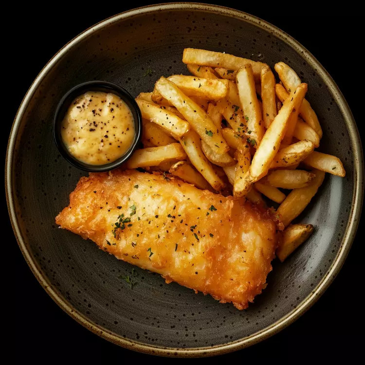 Fish n'chips de sebaste frits, sauce tartare, frites de pommes de terre