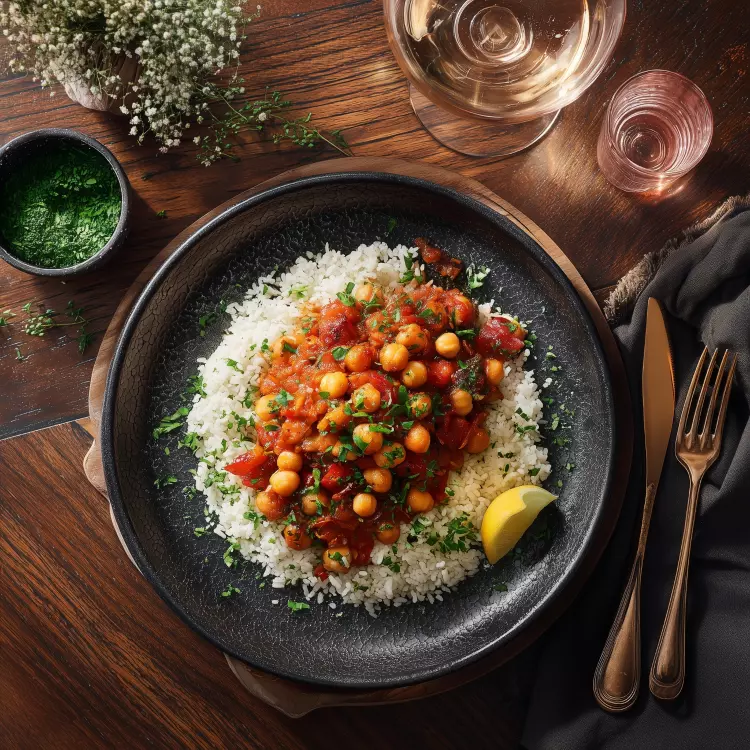 Casserole végé de pois chiches à l'espagnole, pilaf de riz et légumes verts