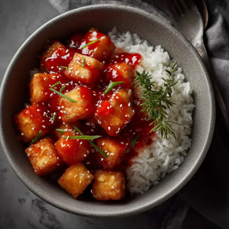Tofu croustillant, sauce aigre-douce à l'ananas, riz, brocoli