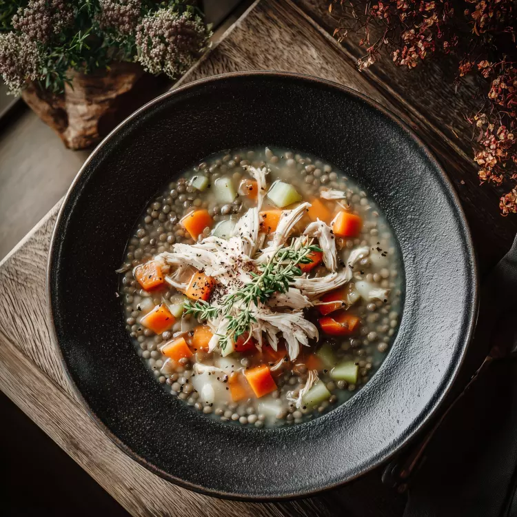 Soupe méditerranéenne de poulet, lentilles et légumes
