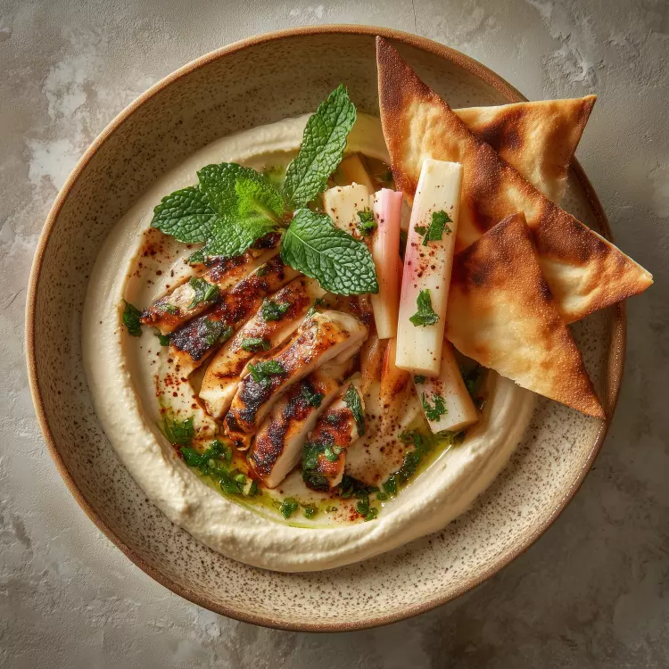Assiette shish taouk de poulet grillé, hummus, menthe, pitas, rabioles marinés