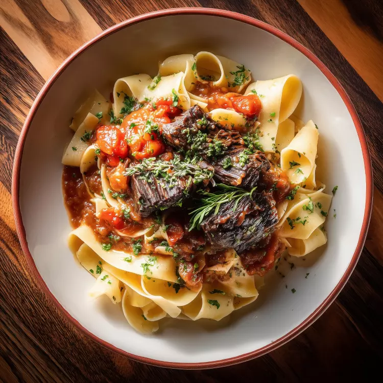Short ribs de bœuf al ragù, papardelles, légume vert