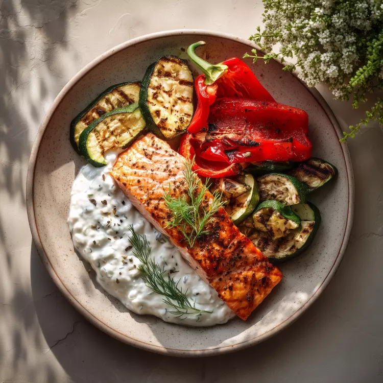 Kit sur plaque - 2 pavés de saumon à la grecque, légumes, kalamata, tzatziki au feta fouetté