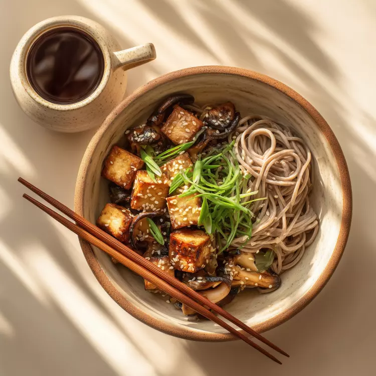 Sauté de tofu frit teriyaki aux arachides, nouilles soba